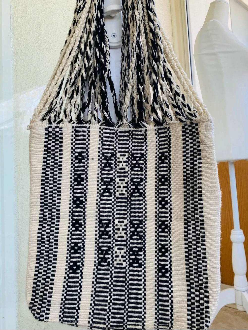 Handwoven Black & Ivory Boho Tote Bag Braided Handles Large Zip Tote